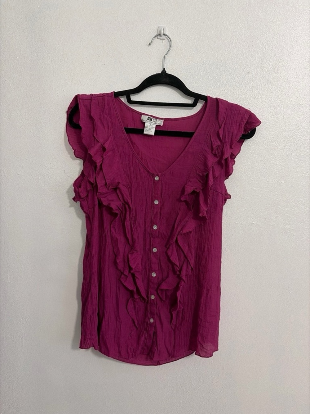 Ruffled V-Neck Button Front Blouse in Fuchsia